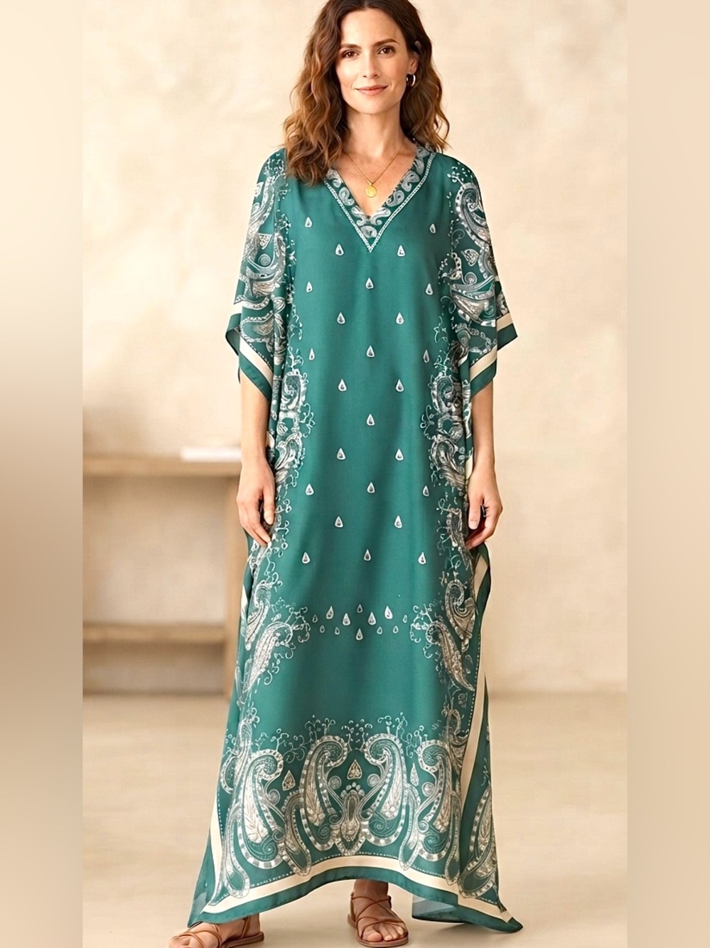Gypsie Blu Kaftan Maxi Dress Green Boho Vacation Resort Coastal Grandma Beach